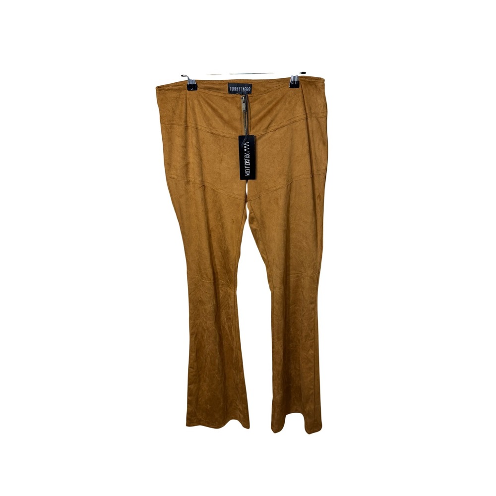 Current Mood Dolls Kill Backstage Babe Tan Faux Suede Flare Pants Front Zip M
